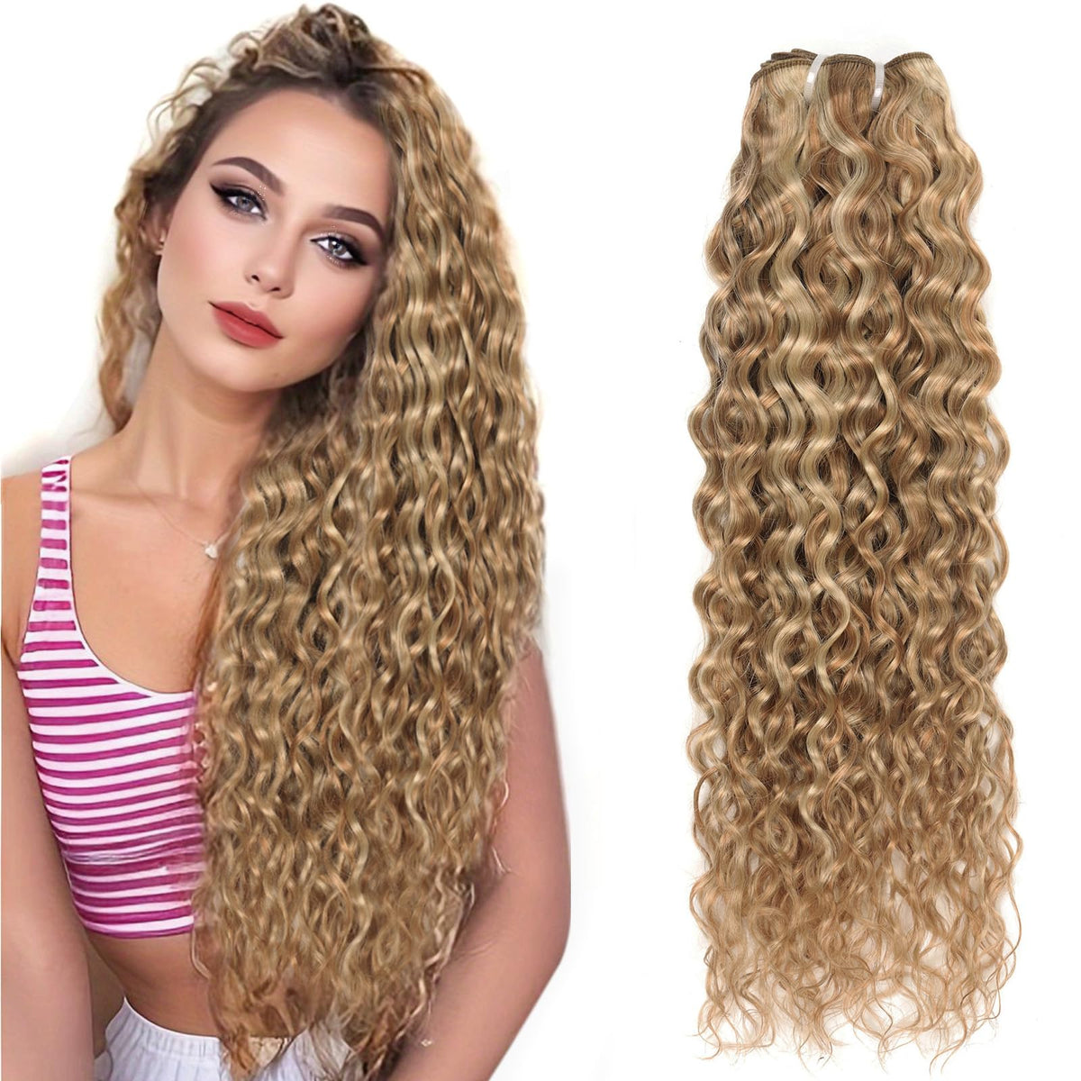 FASHION LINE 18&quot; Water Wave Blonde Human Hair Extensions, Unprocessed 100g Weft Bundle