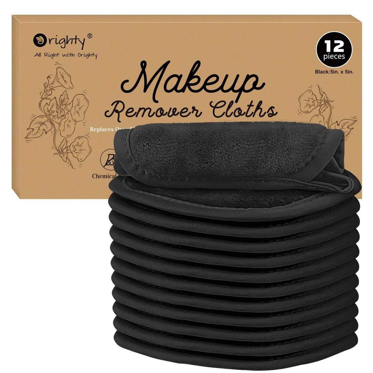 Orighty Makeup Remover Cloths, 12 Pack Reusable Microfiber Cleansing Pads, Black, 5X5 In