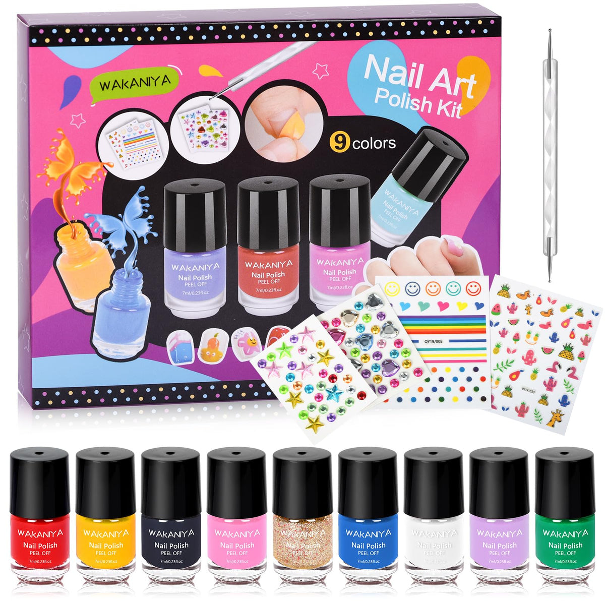 Wakaniya Kids Nail Polish Set - 9 Colors Quick Dry, Non-Toxic, Peel-Off, For Ages 3+