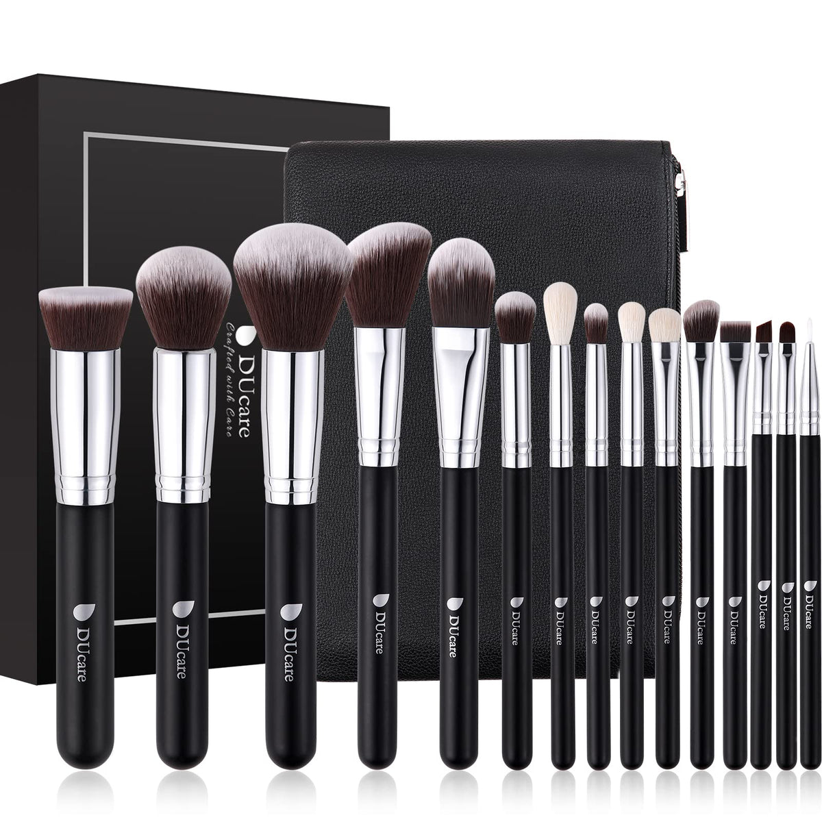 DUcare 15Pcs Makeup Brush Set with Bag - Kabuki, Foundation, Blush, Eyeliner, Black