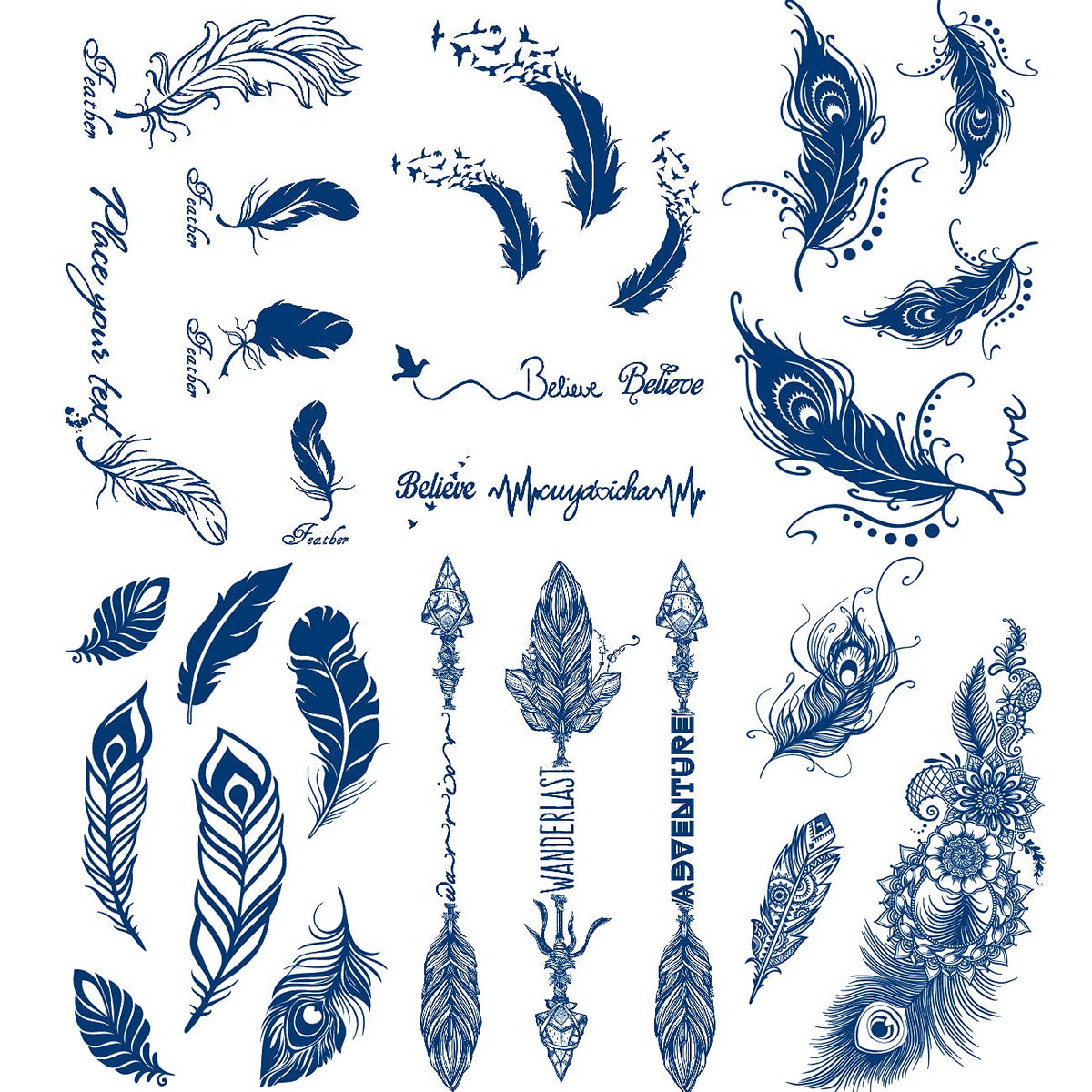 Leoars Semi-Permanent Waterproof Feather Tattoos - 6 Sheets, Plant-Based Ink For Adults & Kids