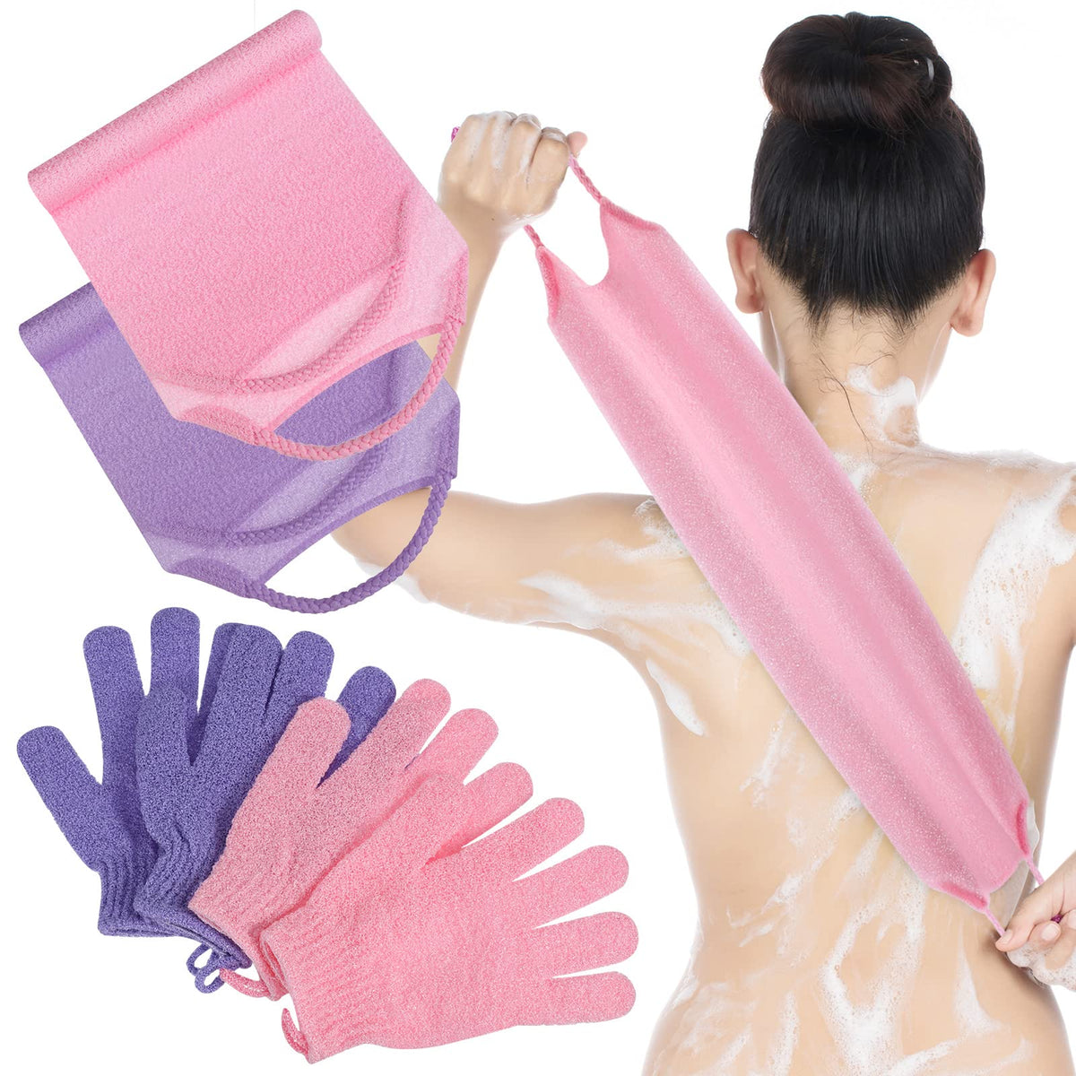 Breling 4 Pack Exfoliating Shower Bath Gloves Set, Nylon Body Scrubber For Men, Women, Kids - Pink/Purple