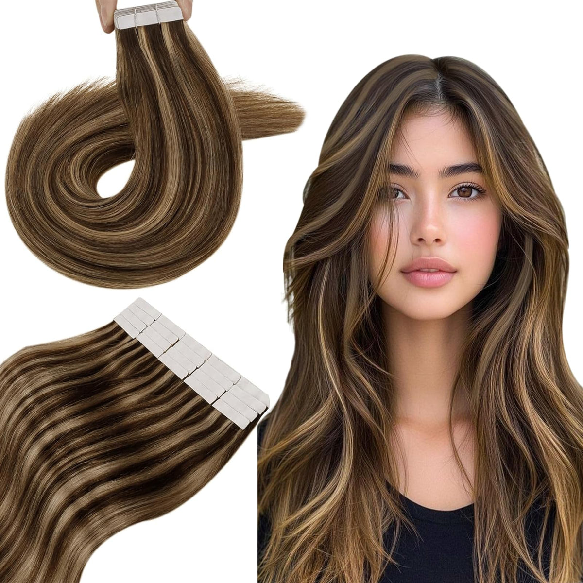 Hetto Tape In Hair Extensions #4/27 Brown Highlight 16&quot; Human Hair Skin Weft 20Pcs 50G