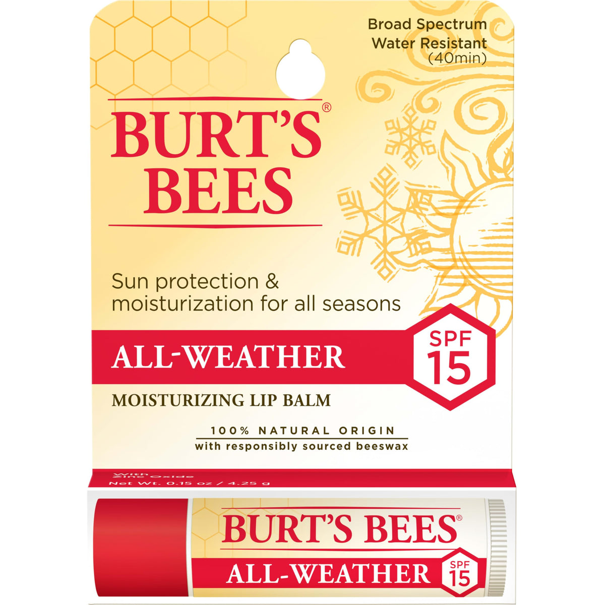 Burt'S Bees All Weather Spf 15 Lip Balm, Water-Resistant, Tint-Free, 0.15 Oz.