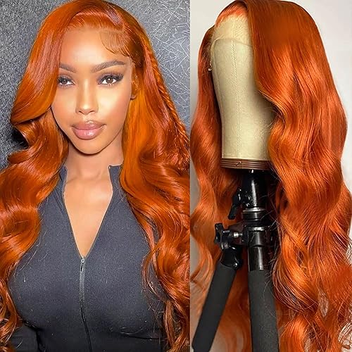 FASHION PLUS 26&quot; Ginger Orange Lace Front Wig - HD Transparent, Body Wave, Human Hair