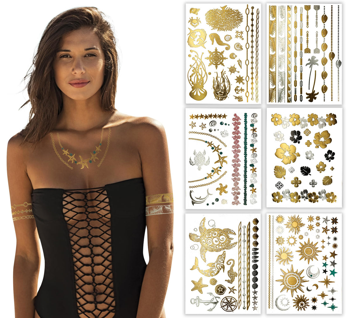 Terra Tattoos Gold Metallic Seashell & Flower Flash Tattoos - Waterproof, 75+ Designs For Women