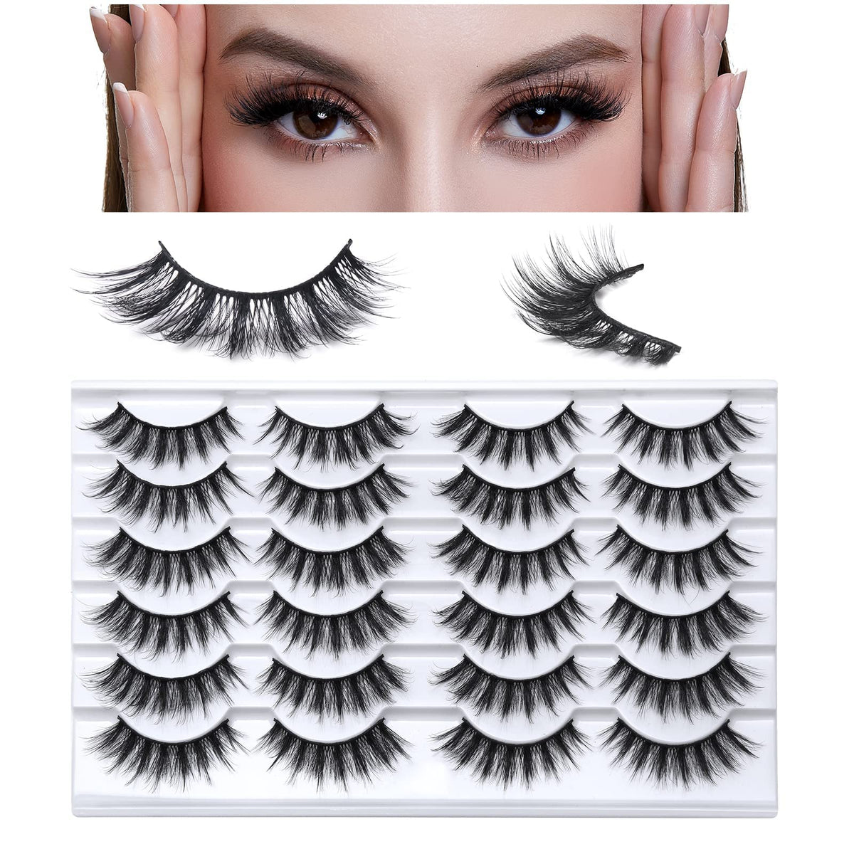 SONAFEEL 15mm Wispy Cat Eye Hybrid Lashes - 12 Pairs Fluffy Faux Mink Reusable Strip Lashes