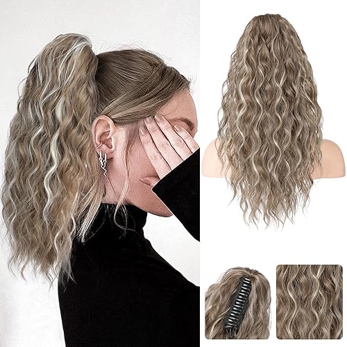 REECHO 18&quot; Claw Clip Ponytail Extension - Ash Brown with Platinum Highlights, Long Curly Synthetic Hair