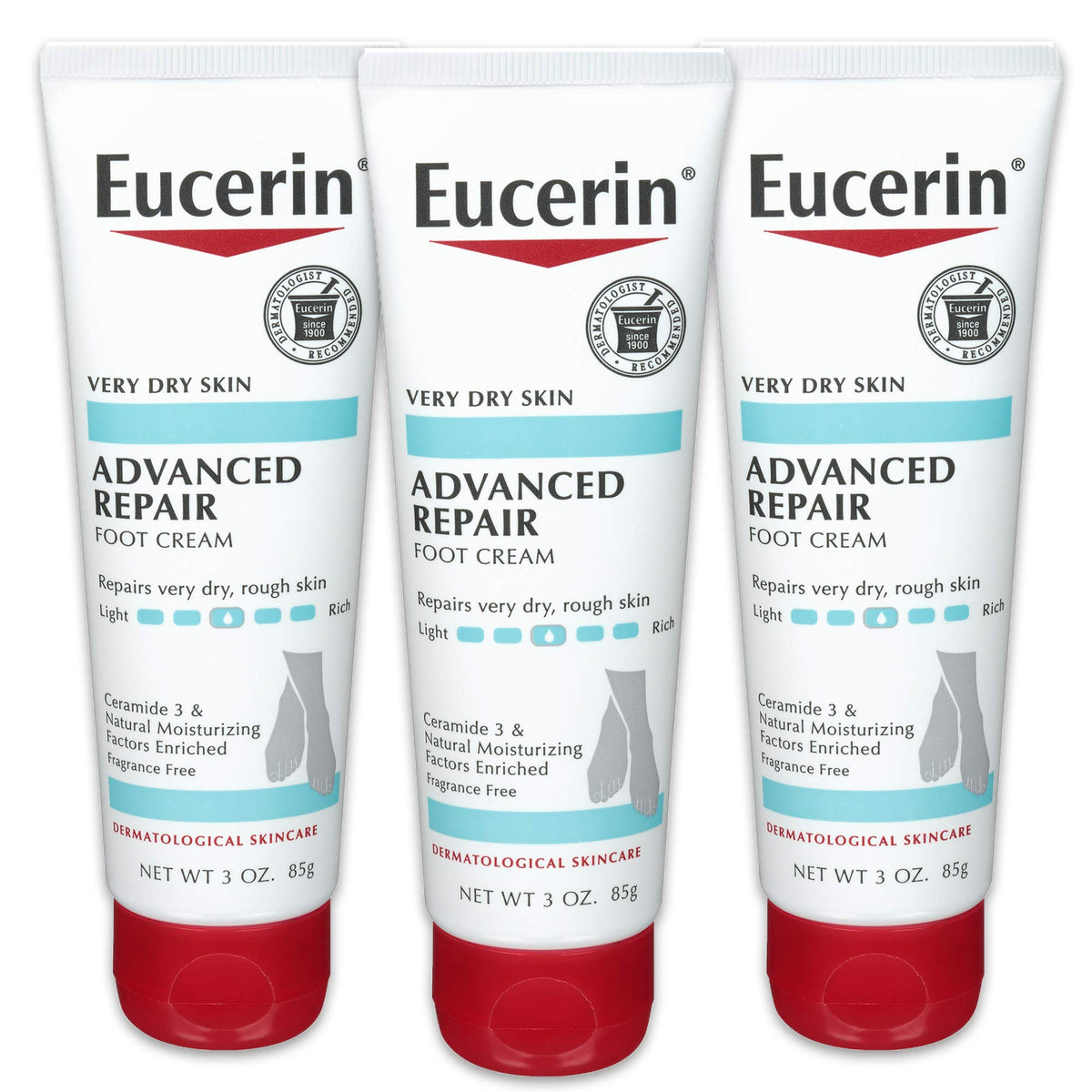 Eucerin Advanced Repair Foot Cream, Unscented, 3 Oz Tube, Ideal For Dry Feet & Heels, Pack Of 