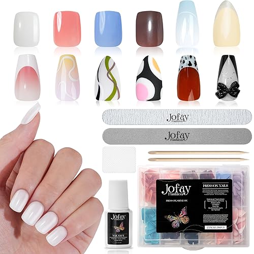 Jofay Fashion Press on Nail Kit - 288Pcs Short Square Reusable Acrylic Nails with Glue and Tabs