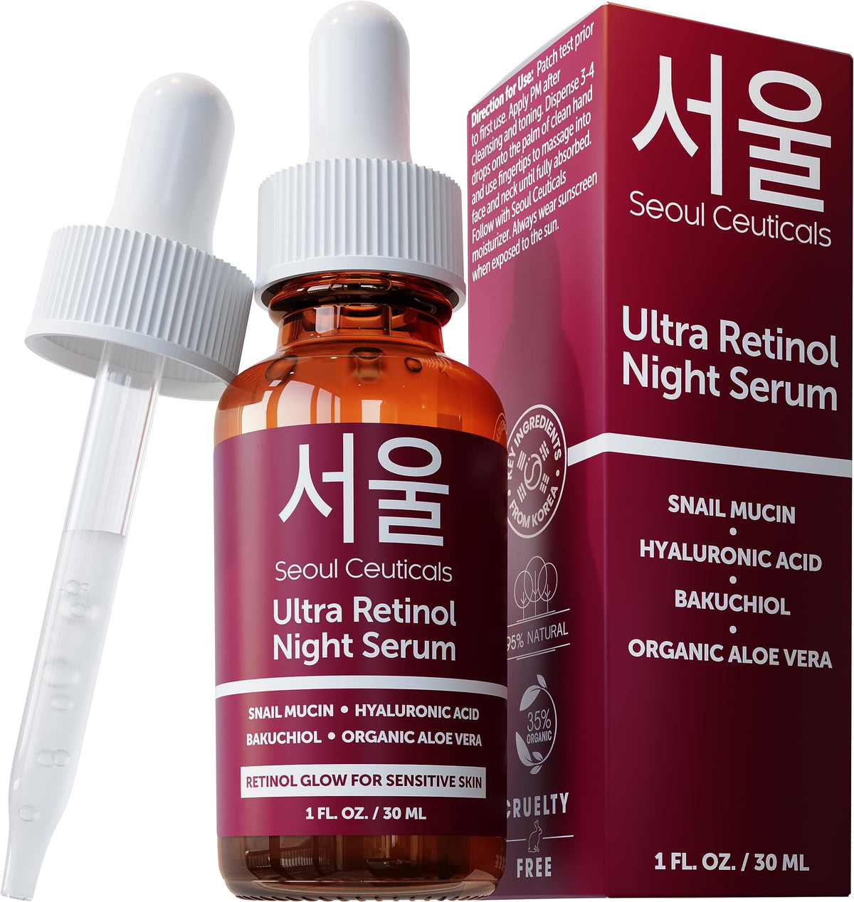 Seoulceuticals 1% Retinol Night Serum With Snail Mucin & Hyaluronic Acid - 1 Fl Oz