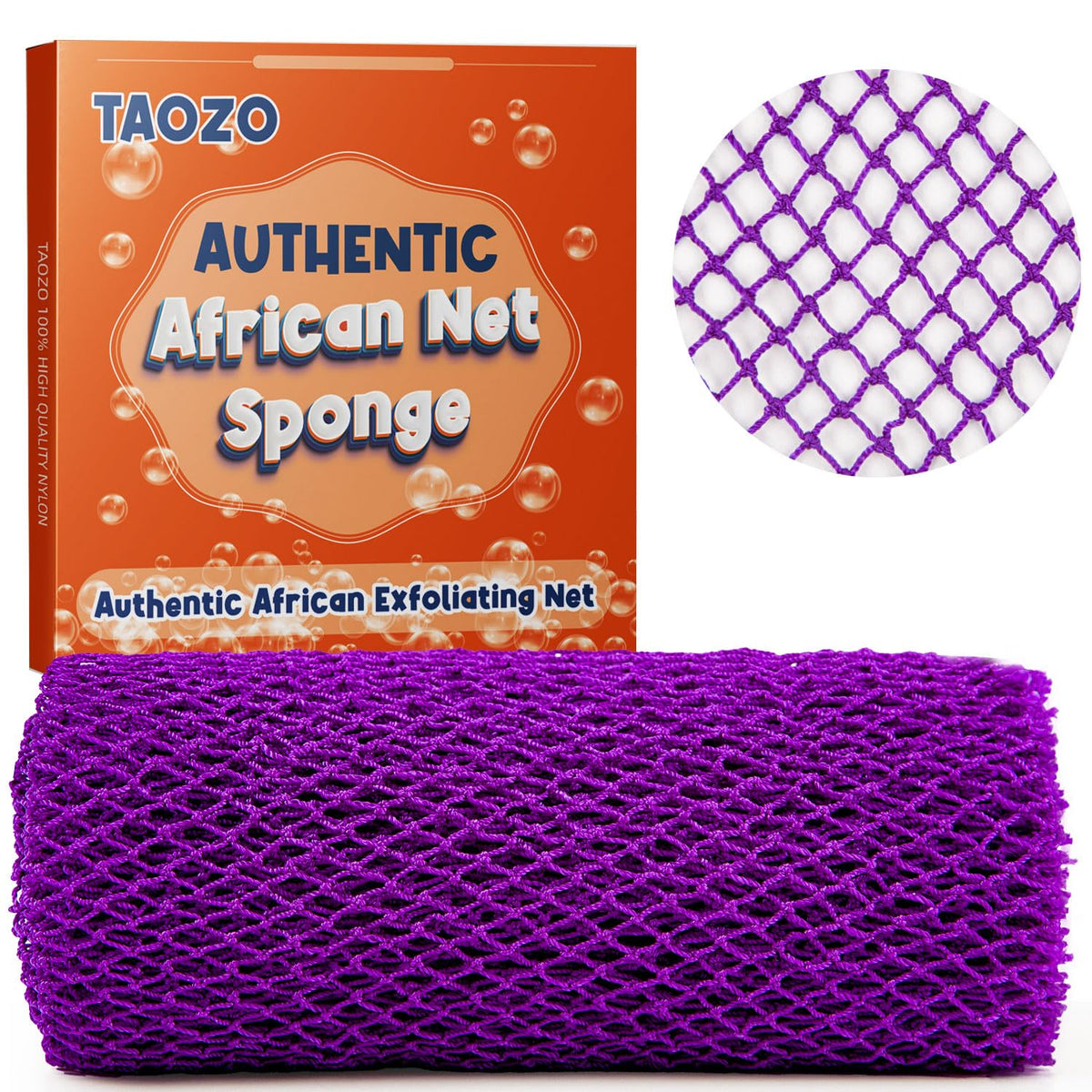 Taozo African Exfoliating Net Sponge - Long Purple Bath Scrubber, 1 Count Nylon Body Wash