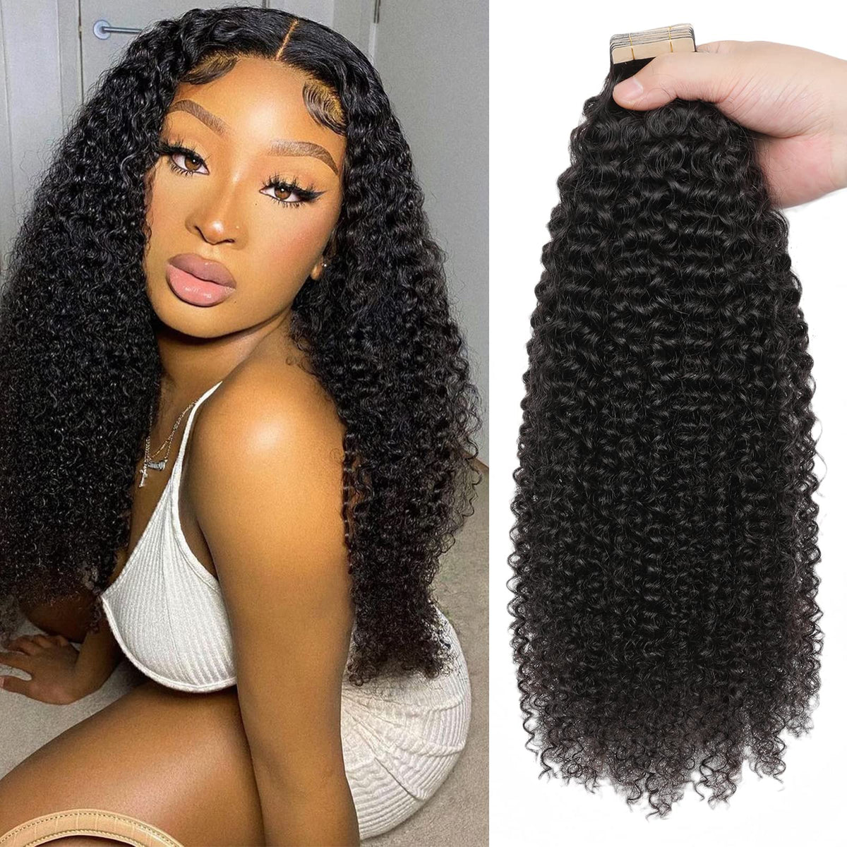 Hotlulana 40Pcs Curly Tape In Hair Extensions 18&quot; Human Hair For Black Women - Kinky Curly