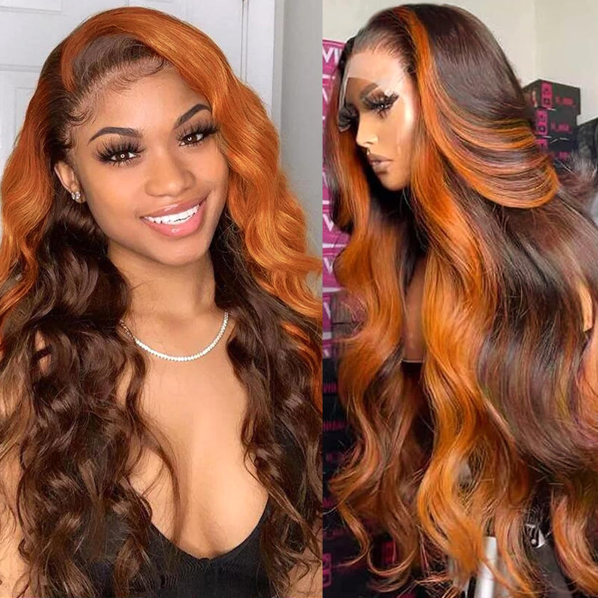 Haha Ginger Skunk Stripe Lace Front Wig 26&quot; Human Hair Body Wave Ombre Chocolate Brown