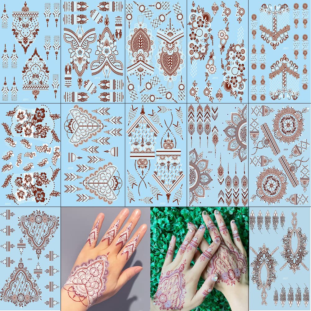 Xmasir 12 Sheets Bicolor Waterproof Henna Tattoo Stickers - Indian Arabian Body Art Stencils