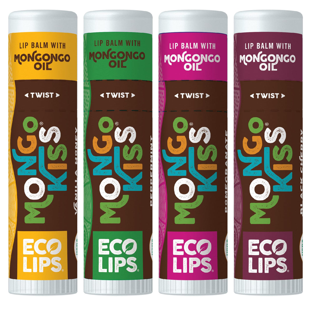 Eco Lips Mongo Kiss Organic Lip Balm 4-Pack - Peppermint, Pomegranate, Vanilla Honey, Black Cherry