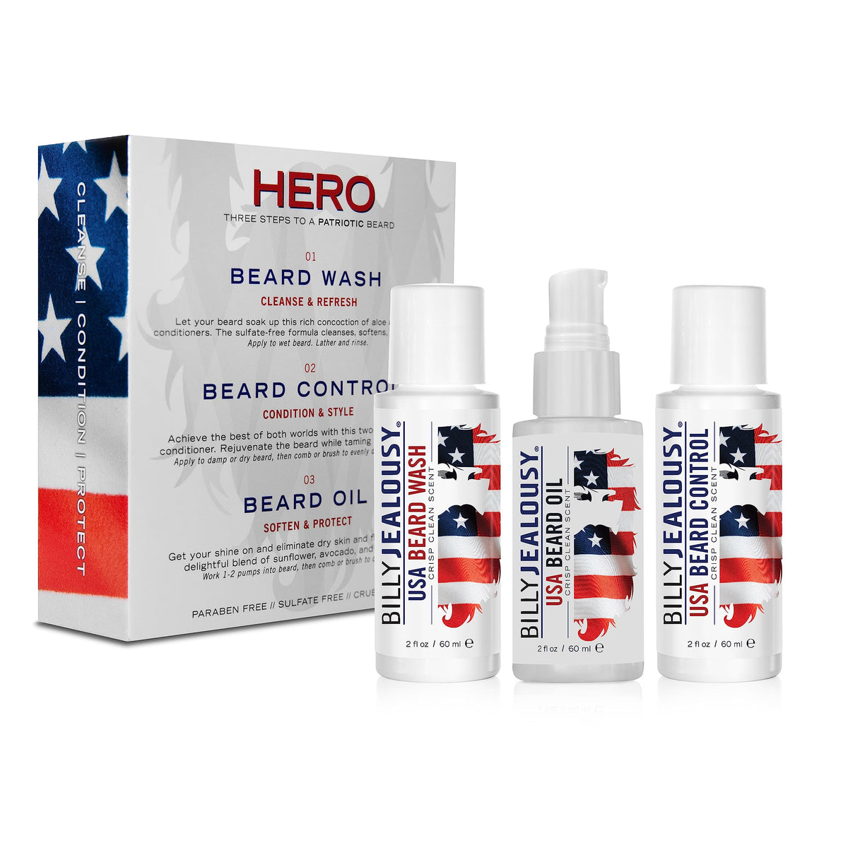 Billy Jealousy Usa Hero Kit - Beard Wash, Leave-In Conditioner & Oil For Softening & Nourishing