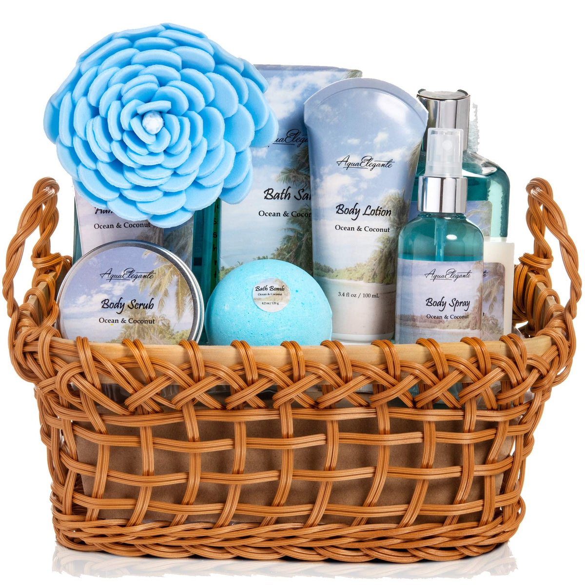 Aqua Elegante Spa Basket - 13 Piece Luxury Bath Set With Ocean & Coconut Essentials