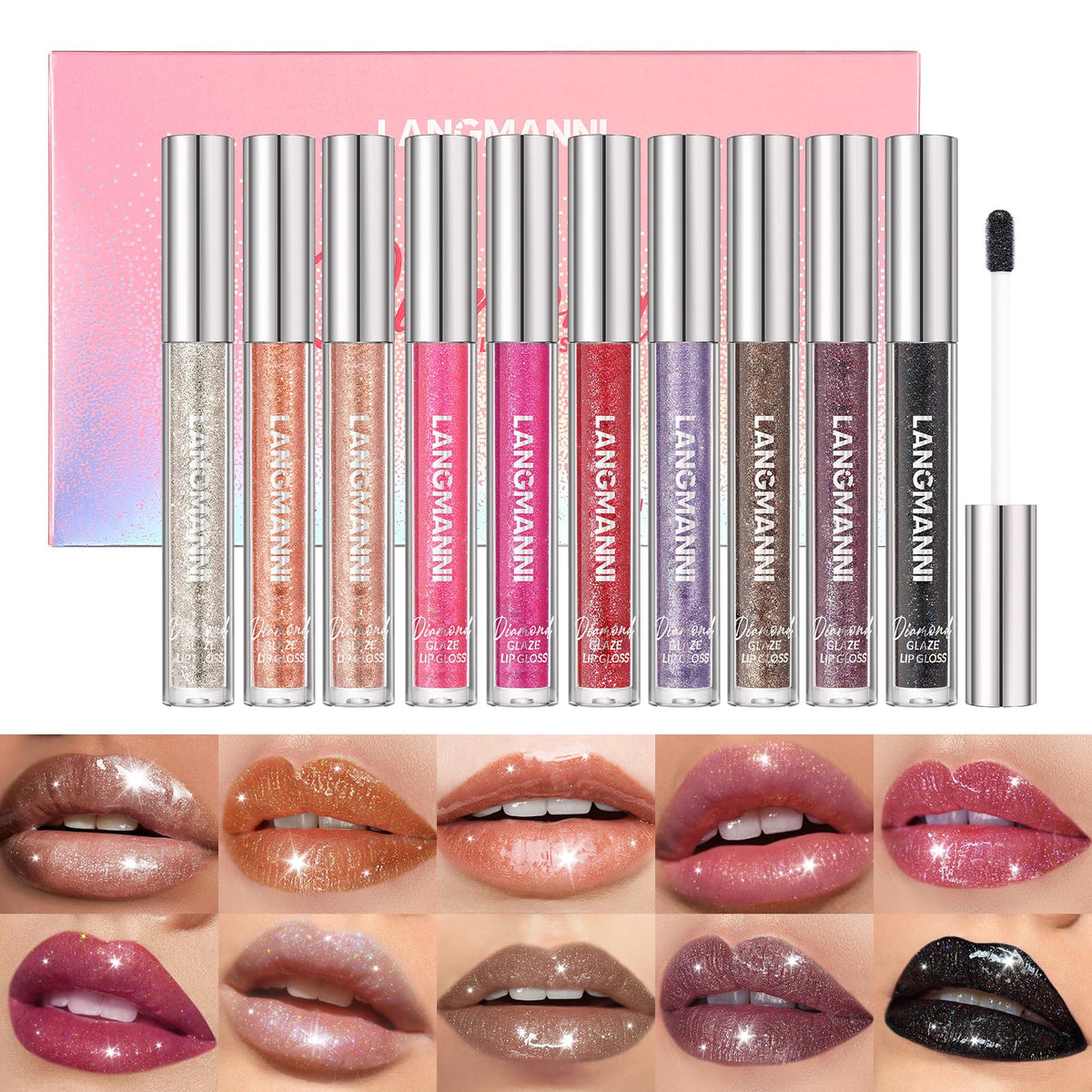 Langmanni 10 Colors Diamond Glitter Lip Gloss Set - Long Lasting Hydrating Liquid Lipstick