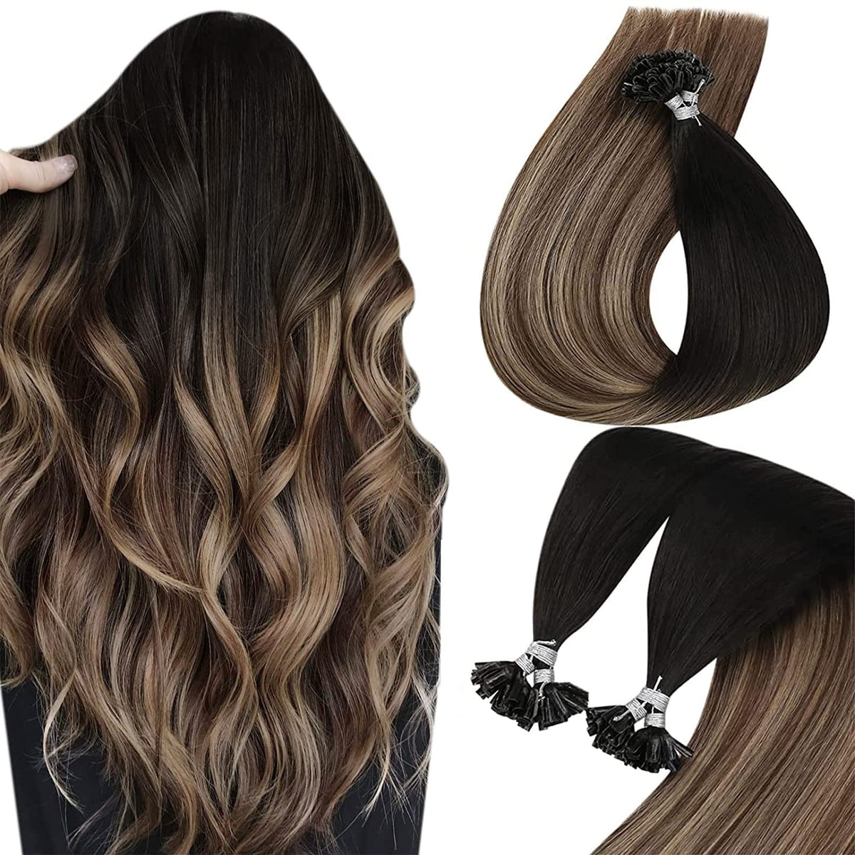 Sunny U Tip Hair Extensions 16in Ombre Human Hair Balayage #1B/4/18 50g Hot Fusion