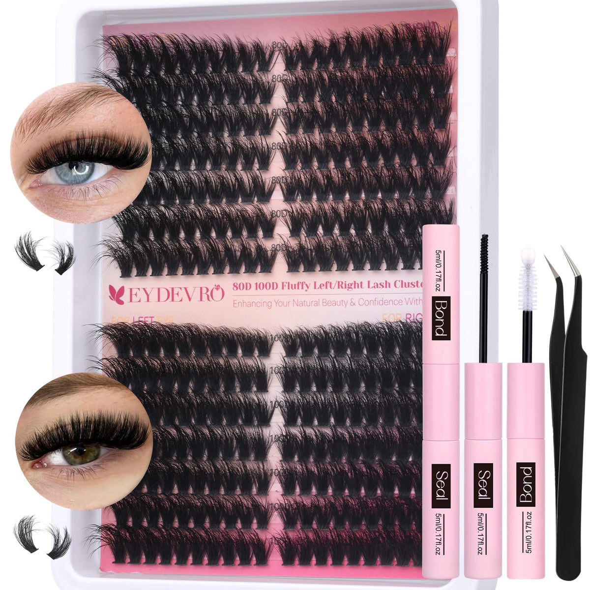 Eydevro Fluffy Lash Clusters Kit - 280 Pcs D Curl Volume Lashes With Bond, Seal & Tweezers