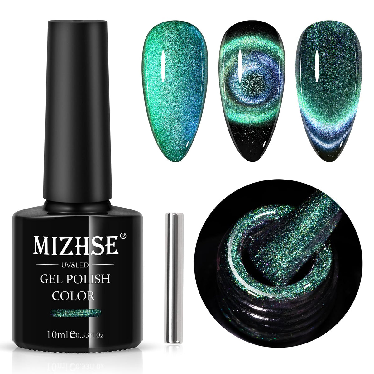 Mizhse 9D Cat Eye Green Gel Nail Polish - Magnetic Holographic Glitter, 0.17 Fl Oz (Pack