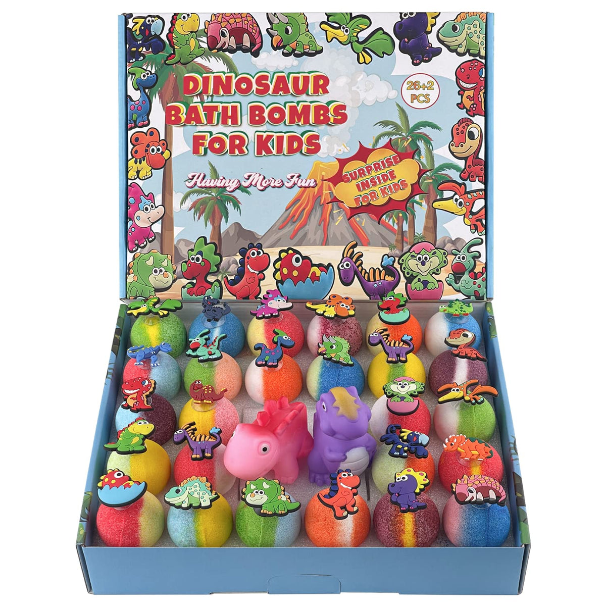 Leoce 26+2 Pcs Dinosaur Bath Bombs Set With Suction Toys - Fun Kids Gift For Birthdays & Holidays