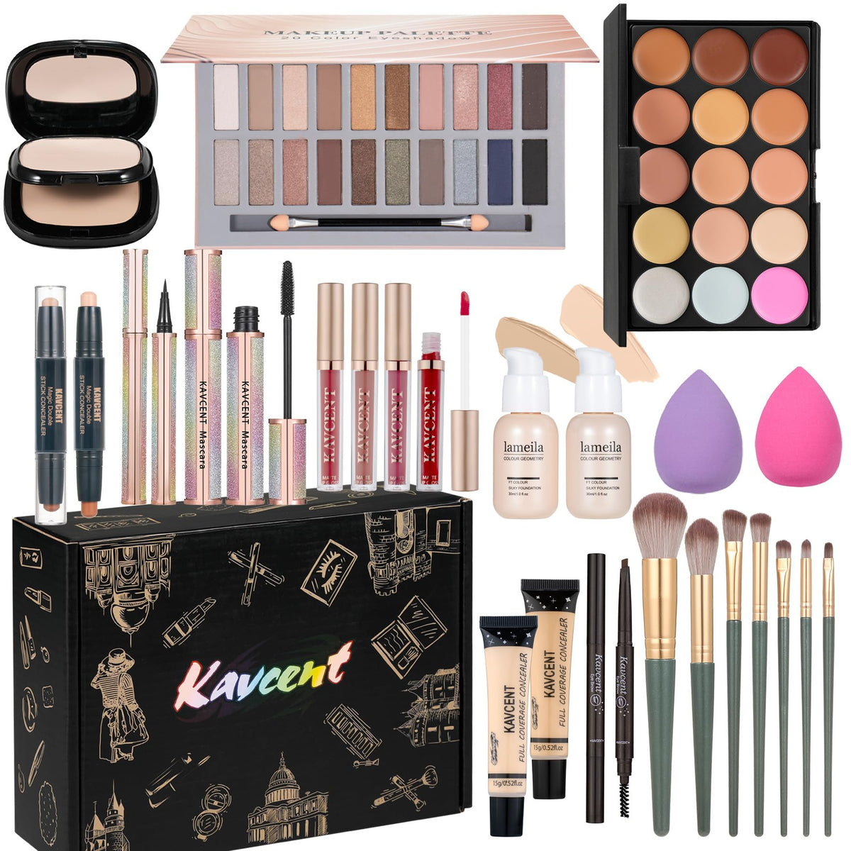 Kavcent Makeup Sets For Teens - Full Kit With Eyeshadow, Foundation, Mascara & Lipgloss