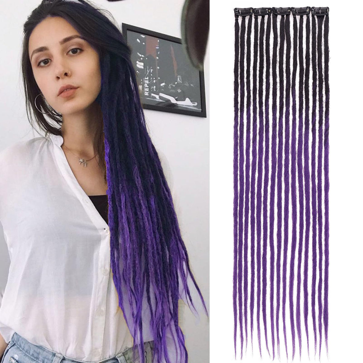 Leeven 24&quot; Ombre Purple Clip In Synthetic Dreadlock Extensions - 5 PCS Soft Handmade Locs