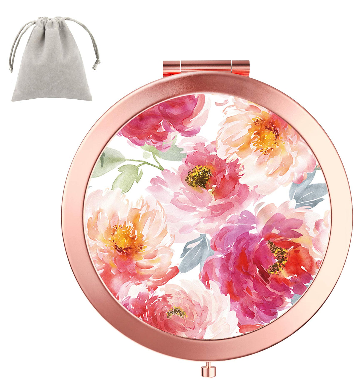 Dynippy Rose Gold Compact Mirror - Double-Sided 2X/1X Magnification, A-Watercolor Flower Design