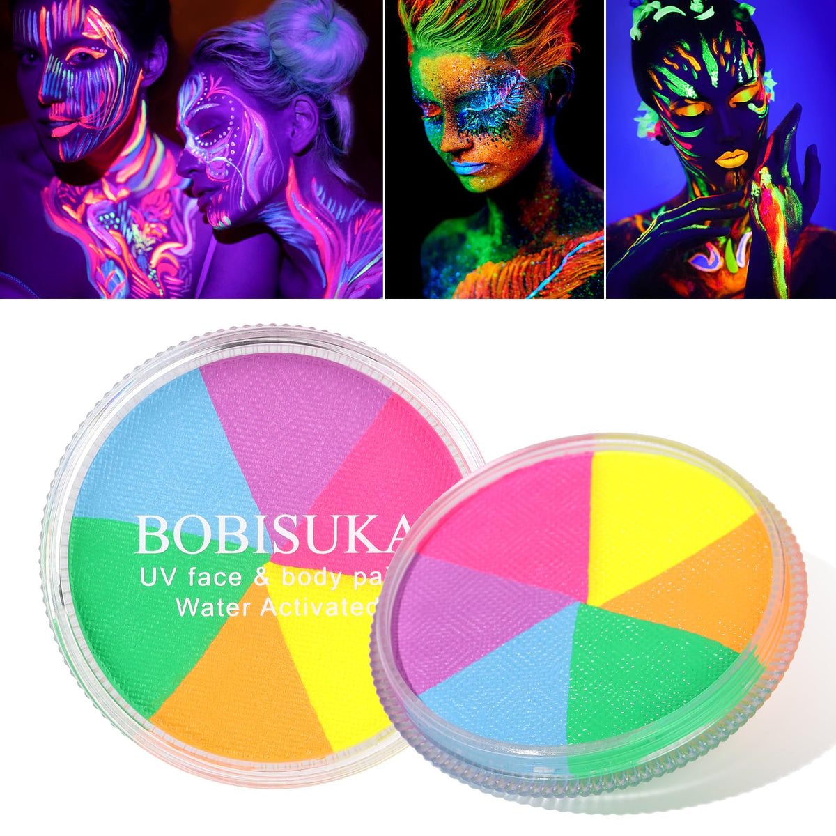 Bobisuka 6 Colors Glow Uv Blacklight Face Paint Palette - Neon Washable Makeup For Halloween & Parties