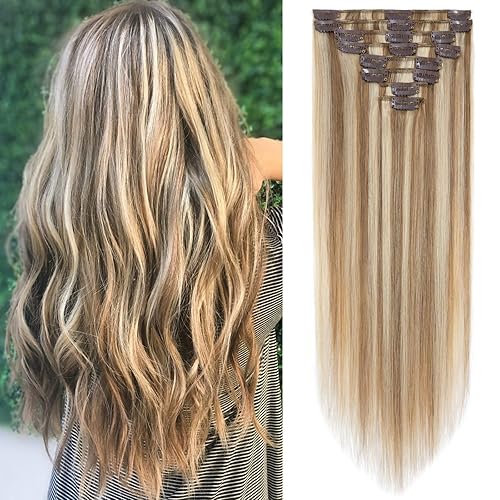 S-noilite 22&quot; Clip in Human Hair Extensions 8 Pieces Balayage Light Golden Brown/Bleach Blonde