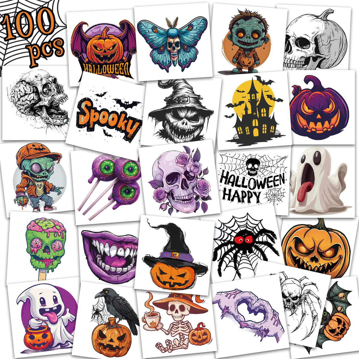 Ozepao 100 Pcs Halloween Temporary Tattoos - Pumpkins, Skeletons, Ghosts, Spooky Party Decor