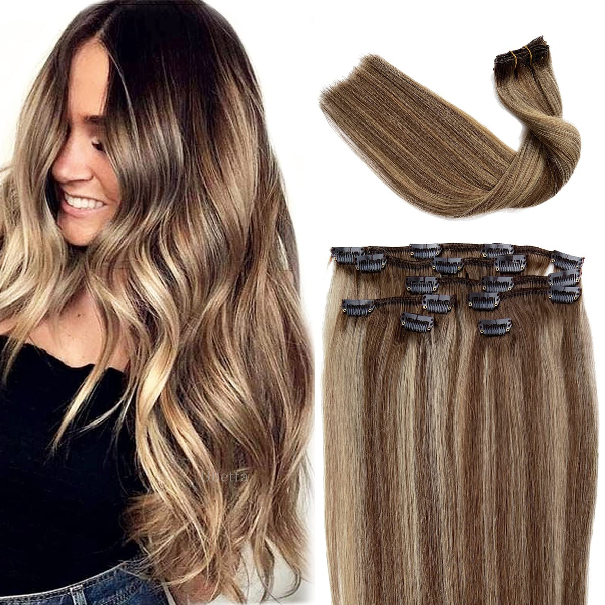 Ubetta Clip in Hair Extensions 16Inch Ombre Brown to Ash Blonde Remy Human Hair 70G 7Pcs