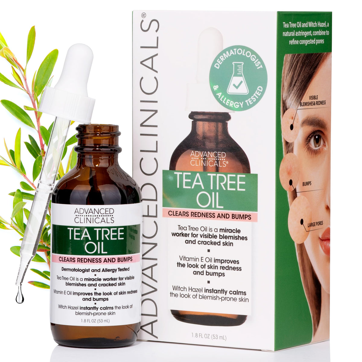 Advanced Clinicals Tea Tree Oil Acne Patch Serum - 100% Organic, 1.8 Fl Oz, Vegan, Targets Redness