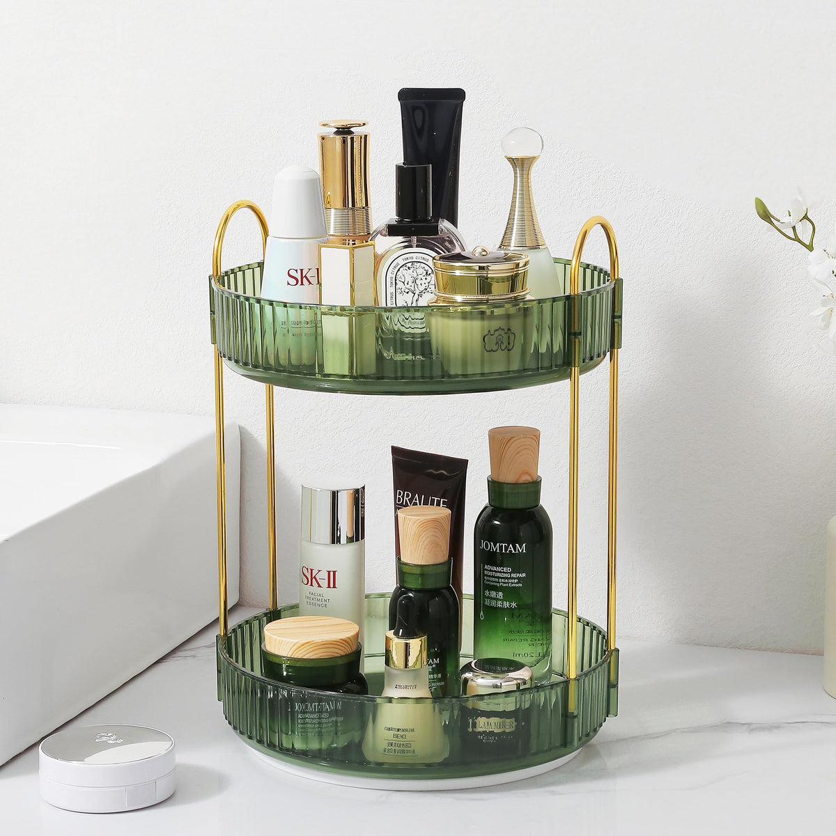 Aveniee 2 Tier Rotating Makeup Organizer - Gem Green Bathroom Countertop Storage For Cosmetics