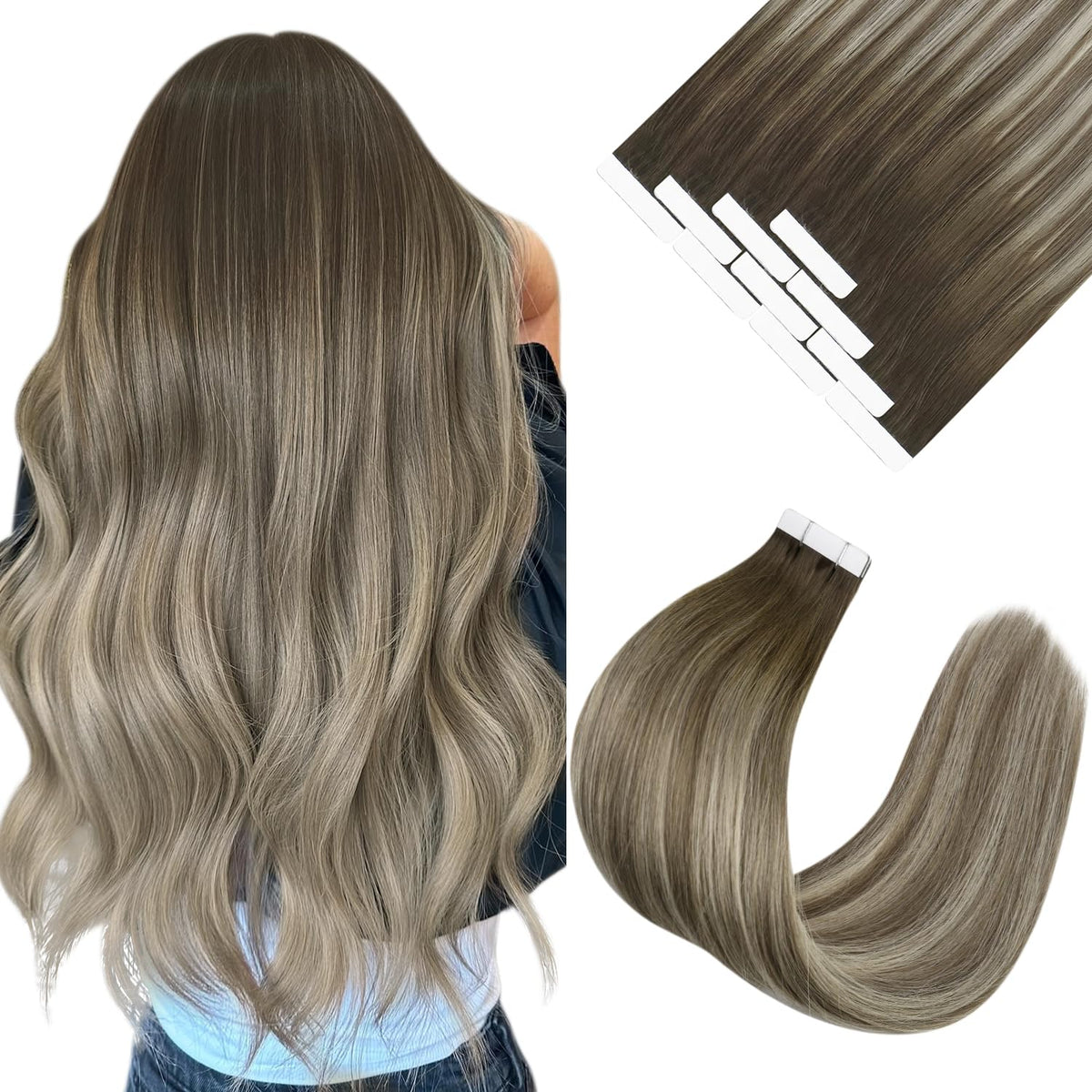 Ve Sunny Tape In Hair Extensions 22&quot; Real Human Hair Balayage 10Pcs Remy Ash Brown To Blonde