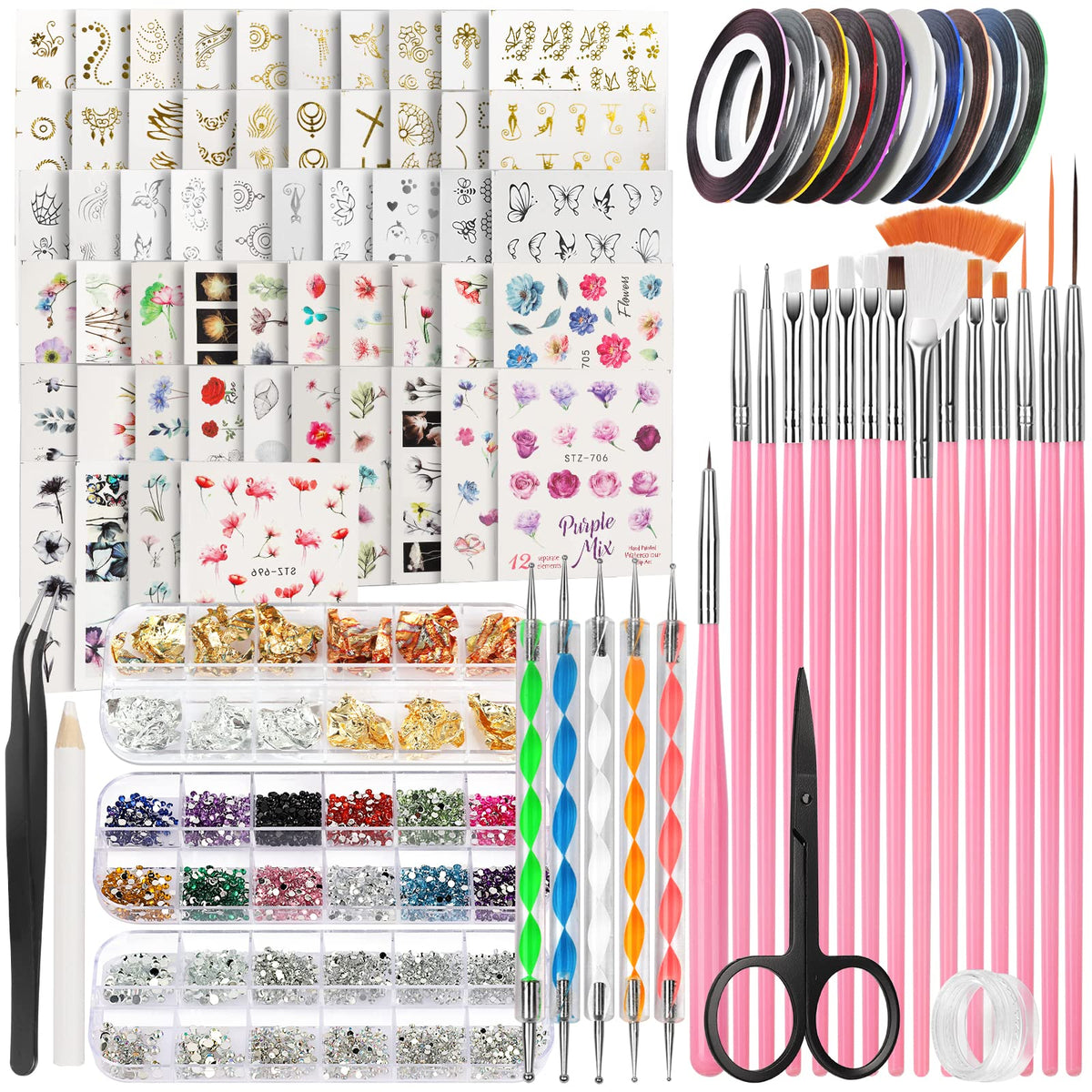 Fandamei Nail Art Set: Brushes, Dotting Tools, 54 Stickers, Rhinestones, Scissors & Tweezer