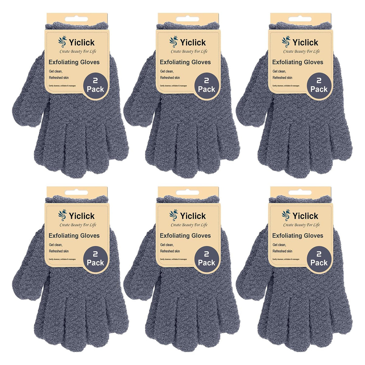 Yiclick Grey Heavy Exfoliating Gloves - Body Scrubber For Men & Women, 4-Pack Exfoliator Mitts