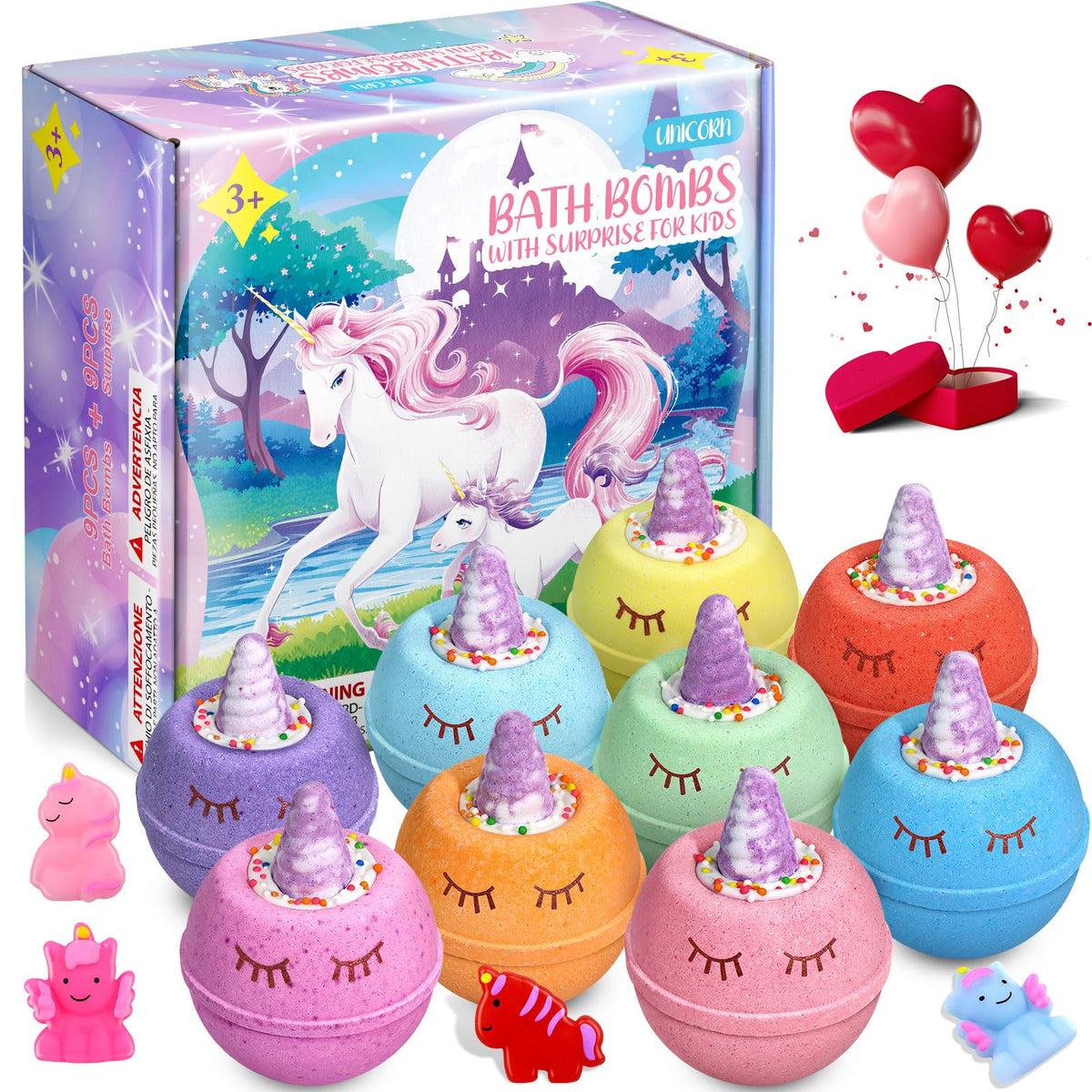 Qivatex Unicorn Bath Bombs - 9 Natural & Organic Kids Gifts With Surprise Toys, Perfect For Birthdays