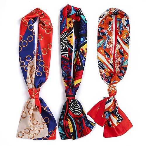 Leeven 3 Pack Colorful Satin Edge Scarves 57&quot;x5.5&quot; for Women - Silk Head Wraps & Wig Grip