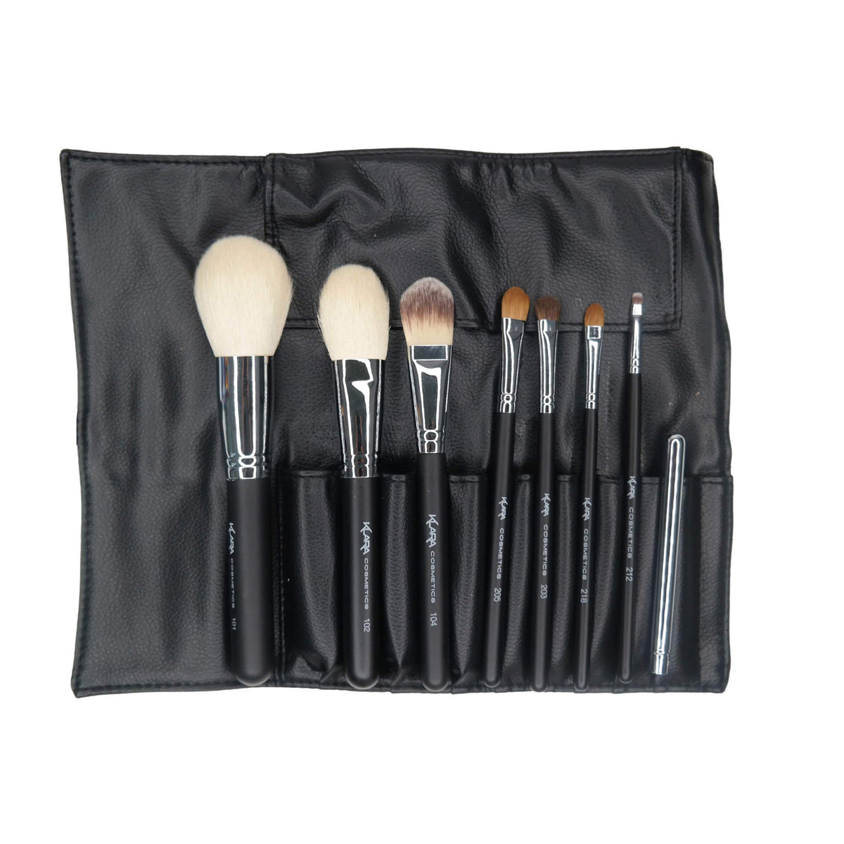 Klara Cosmetics 9 Piece Vegan Brush Set - Fluffy Soft Silver in Faux Leather, Black & Silver