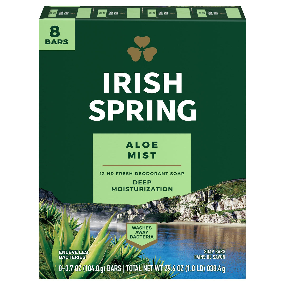 Irish Spring Aloe Bar Soap, 3.7 Oz, Pack Of 8, Refreshing Moisture For Healthy Skin