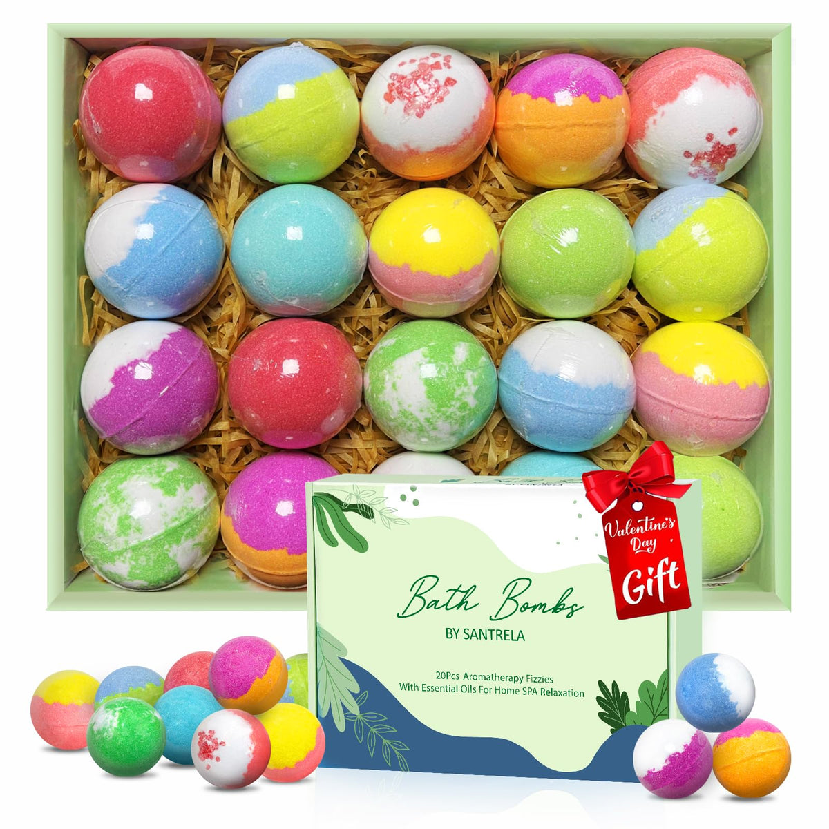 Santrela Bath Bombs Gift Set - 20 Organic Bath Bombs With Essential Oils For Relaxation, Gifts For Her