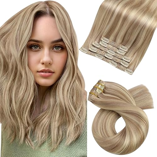 Moresoo 12 Inch Clip-In Human Hair Extensions, Blonde Double Weft, Real Brazilian Hair, 80g