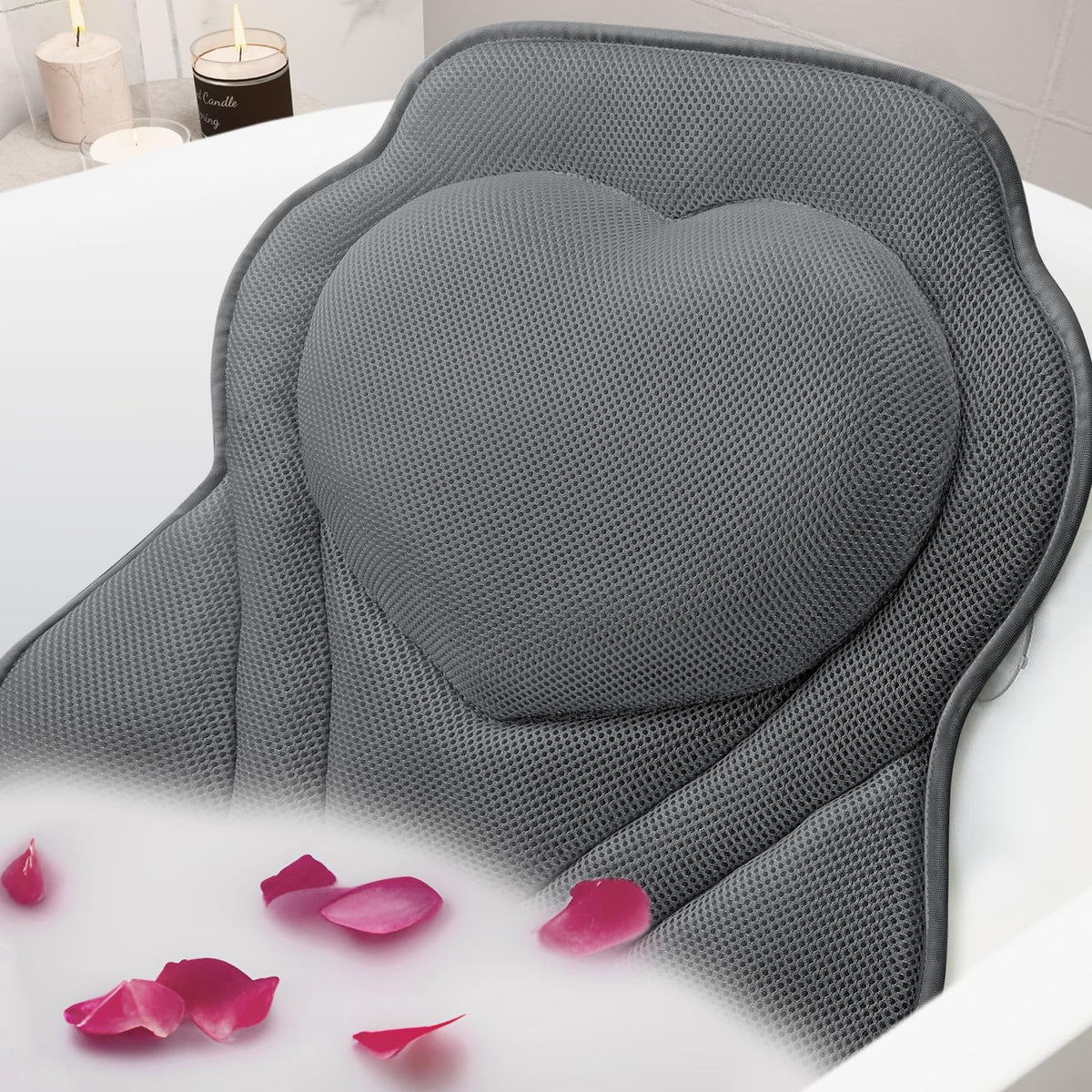 Luxstep Bath Pillow - Grey Mesh Bathtub Pillow With 6 Suction Cups For Neck & Back Support