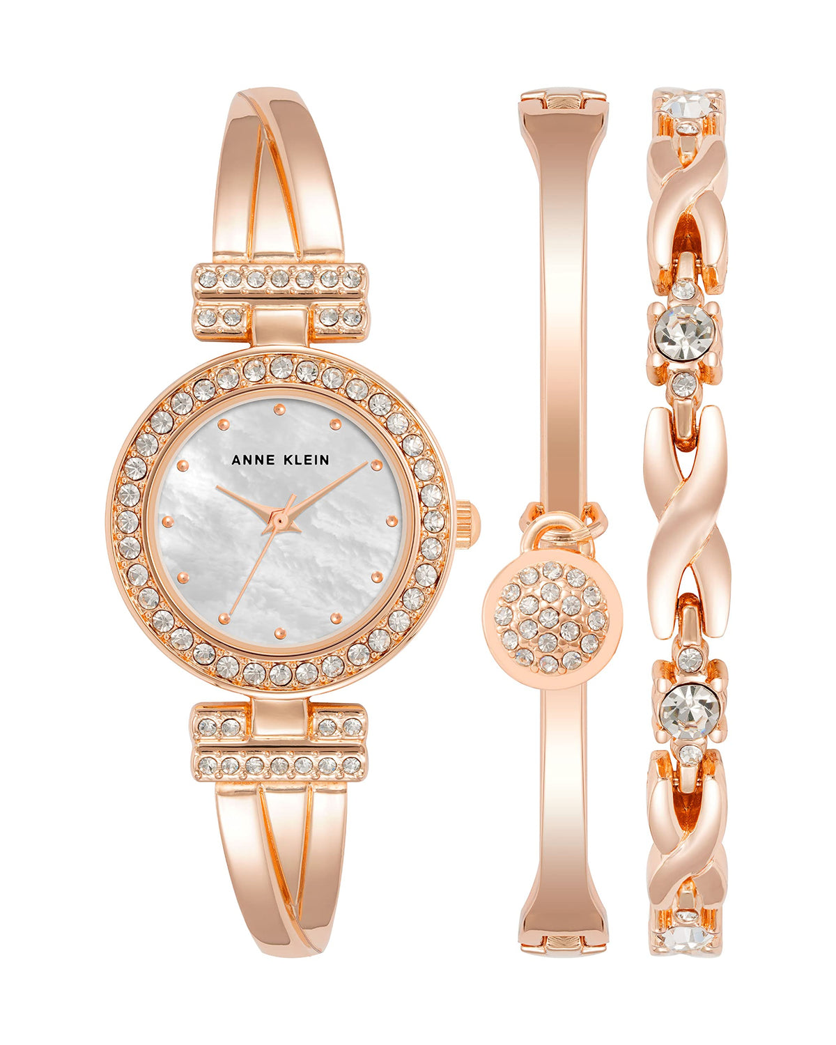 Anne Klein Rose Gold Crystal Accented Bangle Watch And Bracelet Set For Women