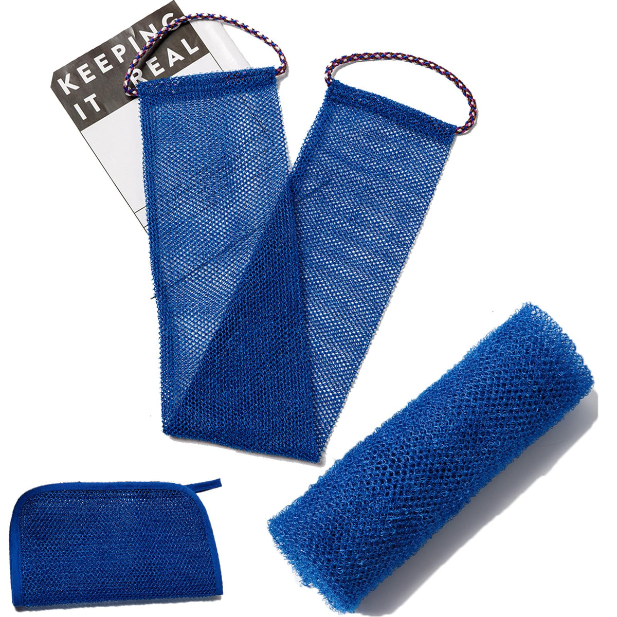 Vottcker 3 Pcs African Exfoliating Net Sponge Bath Scrubber Set - Blue Shower Essentials