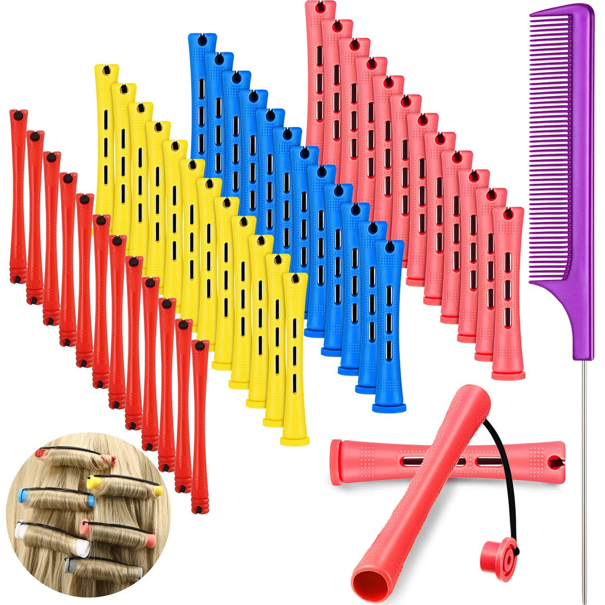 WILLBOND 48 Pcs Hair Perm Rods, Multicolored Plastic Curlers & Steel Pintail Comb for Styling