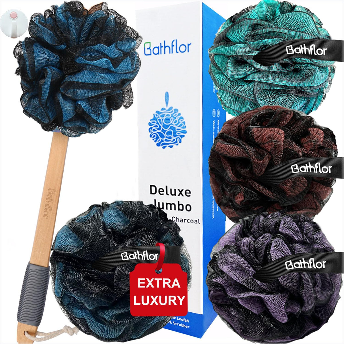 Bathflor 80G Loofah Sponge Set - Long Handle, Charcoal Body Scrubs For Men & Women, 6 Pieces